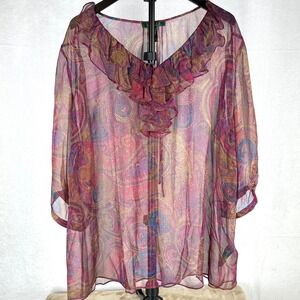 Lauren Ralph Lauren Sheer Paisley Blouse 3X Ruffle Neck Boho Chiffon Top